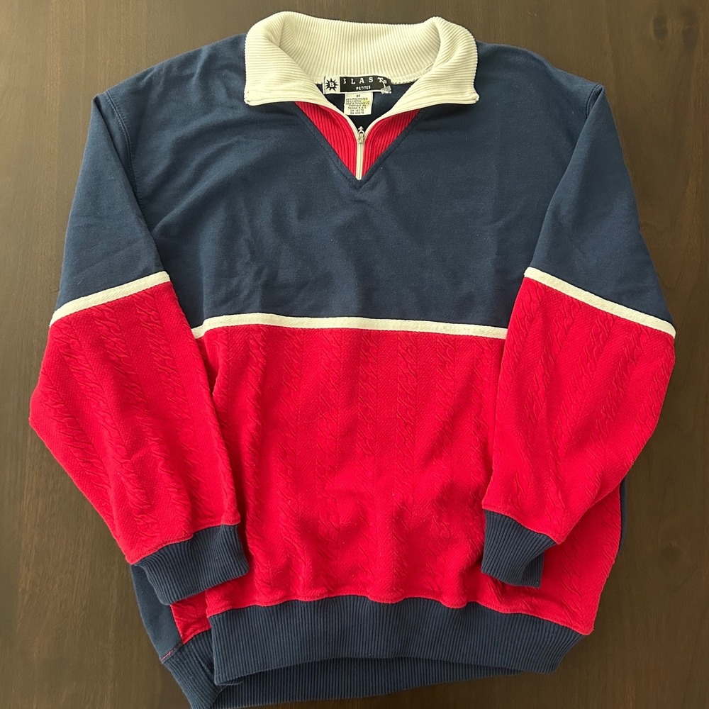 Vintage Blast Petites Colorblock Quarter Zip Sweatshirt Navy Red Cable Knit M
